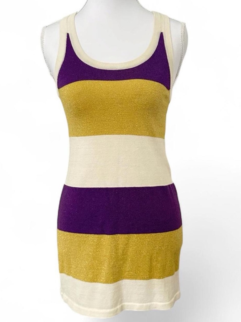 Retro Metallic Gold, Purple and Cream horizontal striped tunic